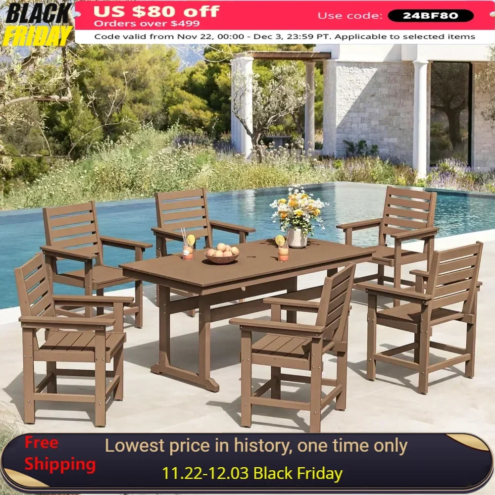 Patio Table and Chairs Set 7 Pieces, with Umbrell Hole, with 6 Patio Chairs, Weather Resistant Outdoor Dining Sets