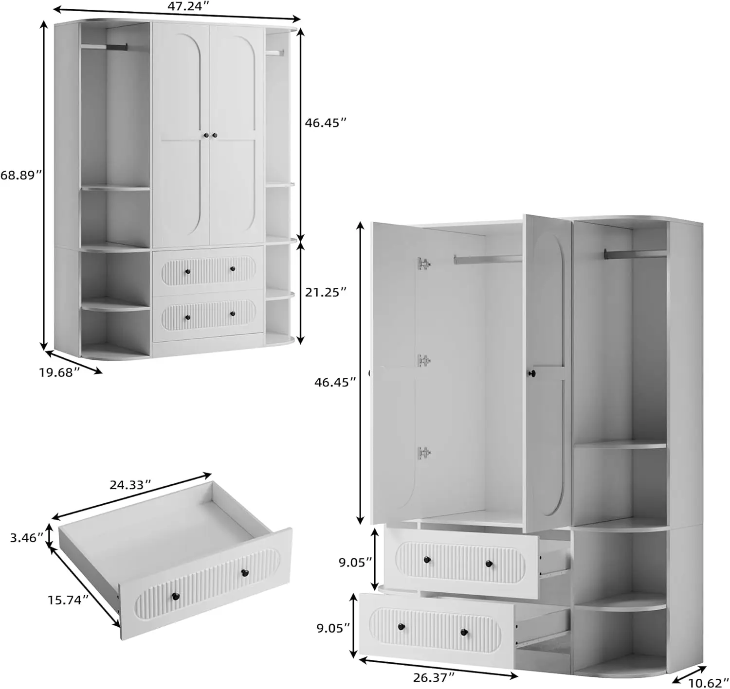 خزانة ملابس خشبية بيضاء مخددة مقاس 69 بوصة مع بابين، و3 قضبان، ودرجين، و6 أرفف