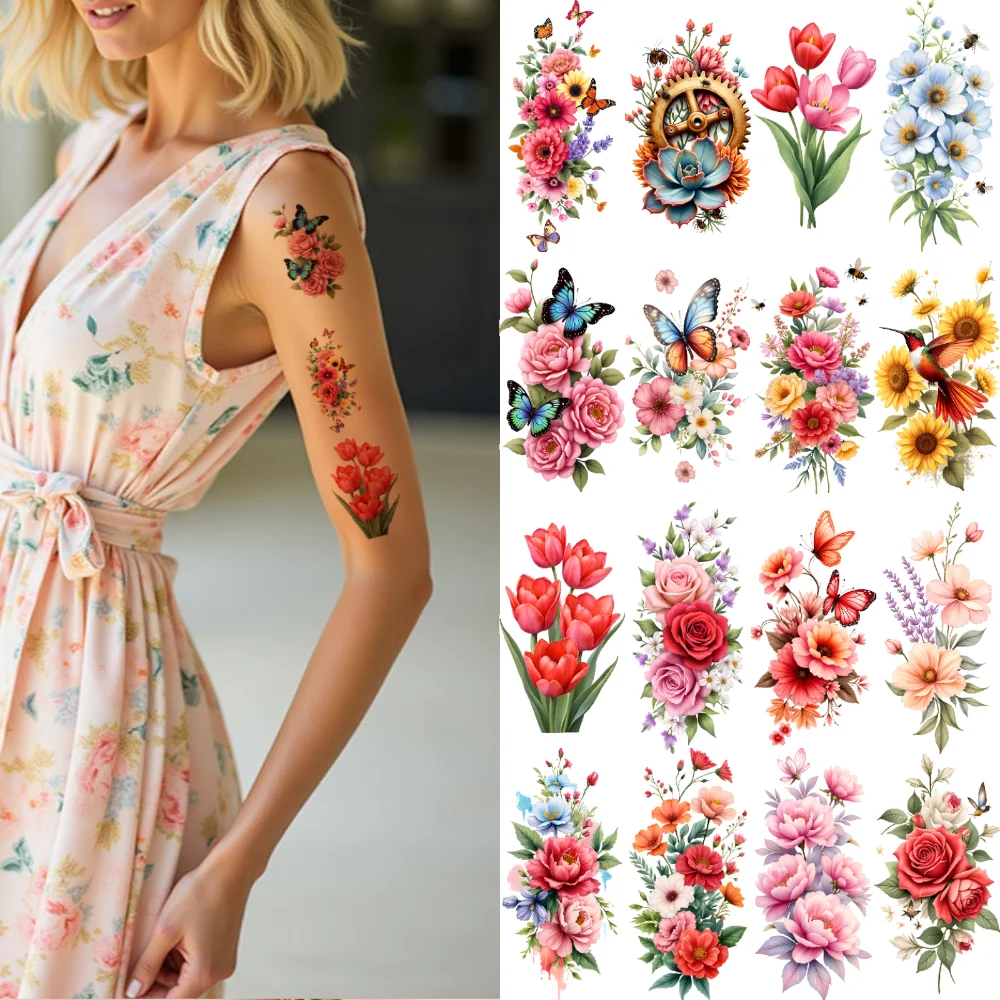 

9pcs Temporary Tattoo Mixed Flower Bouquet Waterproof Long-lasting Body Stickers Pink Roses Butterfly And Flowers Colorful For