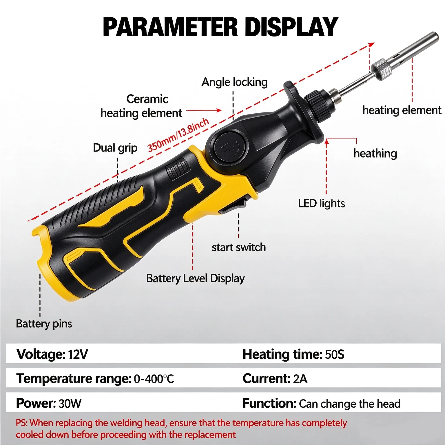 Cordless Soldering Iron 30W 400℃ Rotatable Head Rechargeable Welding Tool Compatible 12V Lithium Battery for Electronic Repair