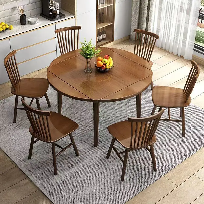 All solid wood dining table and chair combination square table becomes round table small apartment household folding dining tabl