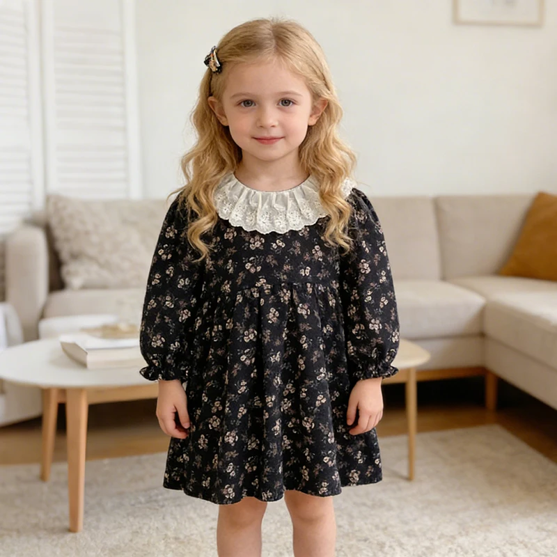 2026 Neues Frühlings-Partykleid für Mädchen (2-6 Jahre) im europäisch-amerikanischen Stil, langärmeliges bedrucktes Kinder-Prinzessinnenkleid, Baumwollkleidung für Kinder