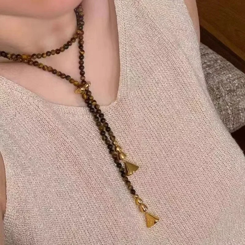 

New Arrival Chinese Style Natural Tiger Eye Stone Beaded Necklace Simple Fashionable Daily Versatile Retro Statement Jewelry