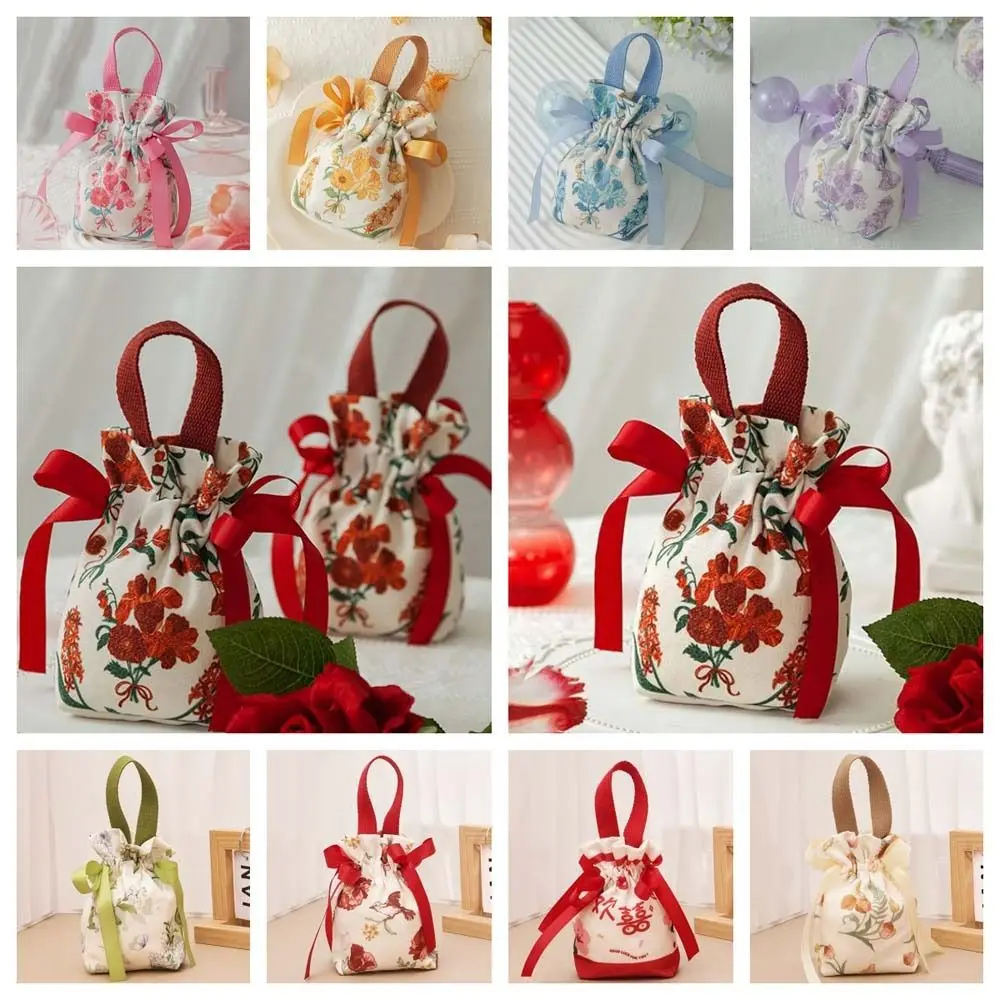 

Bird Canvas Drawstring Bag Floral Large Capacity Small Flower Wrist Bag Jewerly Packing Bag Storage Bag Bowknot Handbag Wedding