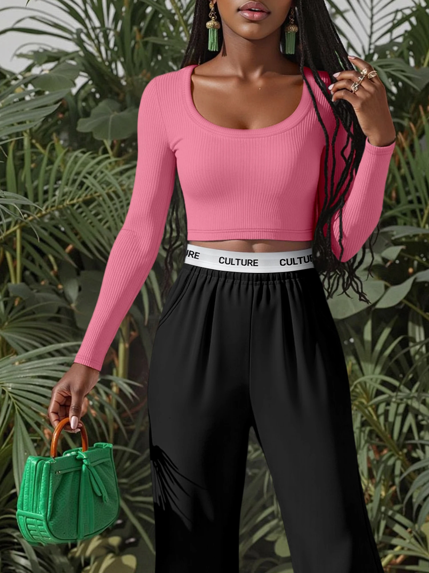Streetwear Essential Long Sleeve Crop Blouse, Square Neck Fitted Top for Casual Parties & Downtown Styling