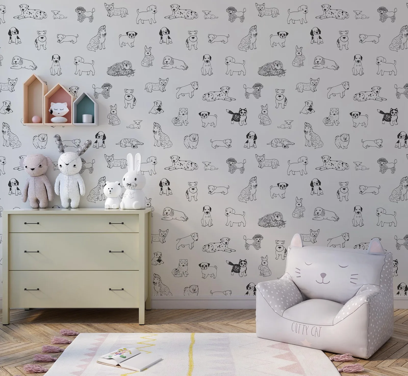 犬の剥がして貼る壁紙、かわいい取り外し可能な白黒の犬のスケッチ壁紙、保育園の子供部屋の装飾用、犬の壁アート紙