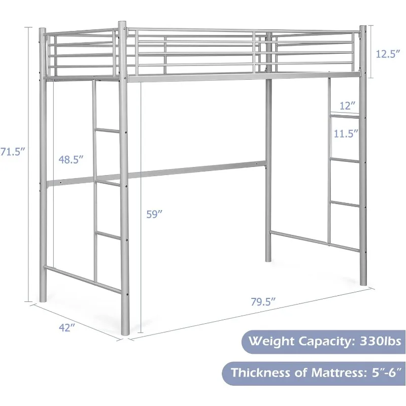 Metal Loft Bed Twin Size, Heavy Duty Loft Bed Frame with 2 Ladders, Twin Over Loft Bunk Bed with Full-Length Guard