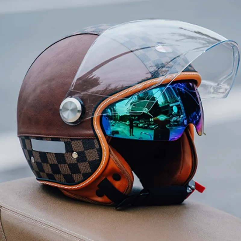 

Brown Check Halley Vintage Helmet motorcycle Men's and women's Half Helmet Pedal Personality Scooter 3/4 Helmet KEAZ