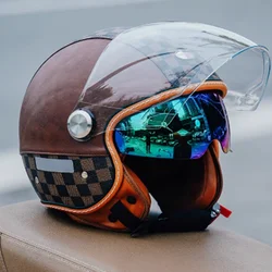 Brown Check Halley Vintage Helmet motorcycle Men's and women's Half Helmet Pedal Personality Scooter 3/4 Helmet KEAZ