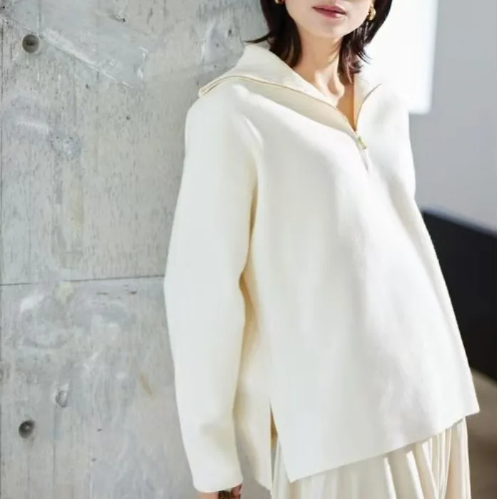 

Zipper Casual Oversized Front ort Ba Long Jaet Women's Large Size Sweater Ele Sle Autumn Winter Simple Design Sli...