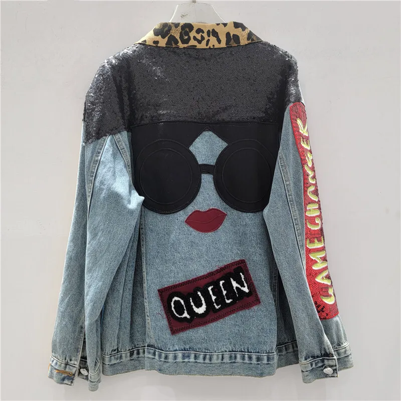 ANJY Autumn New Women Streetwear Y2K Stylish Letter Patch Designs Contrast Color Turn-down Collar Tide Casual Denim Jacket A8409
