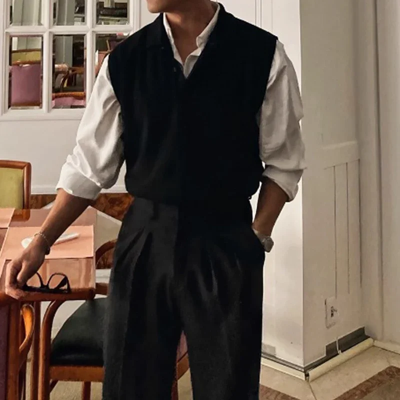 

Винтажный вязаный жилет, мужские свитера, весенне-осенние модные однотонные вязаные топы без рукавов, мужские уличные повседневные джемперы, топы