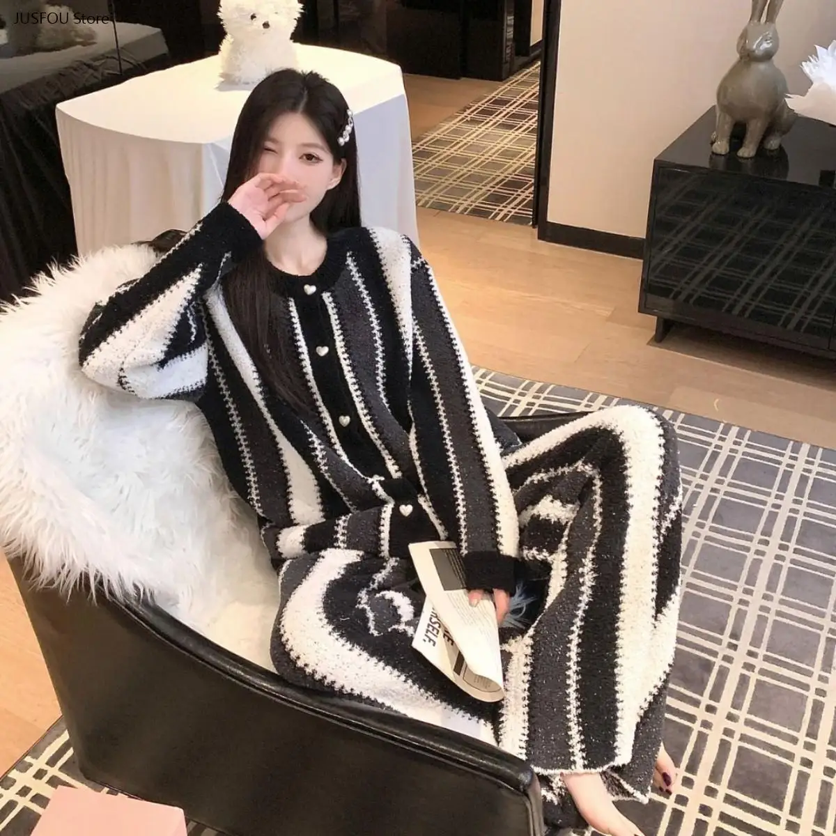 Women Winter Half Sided Fleece Pajama Set Loose Round Neck Open Front Simple Soft Warm Casual Loungewear Sleepwear Suit