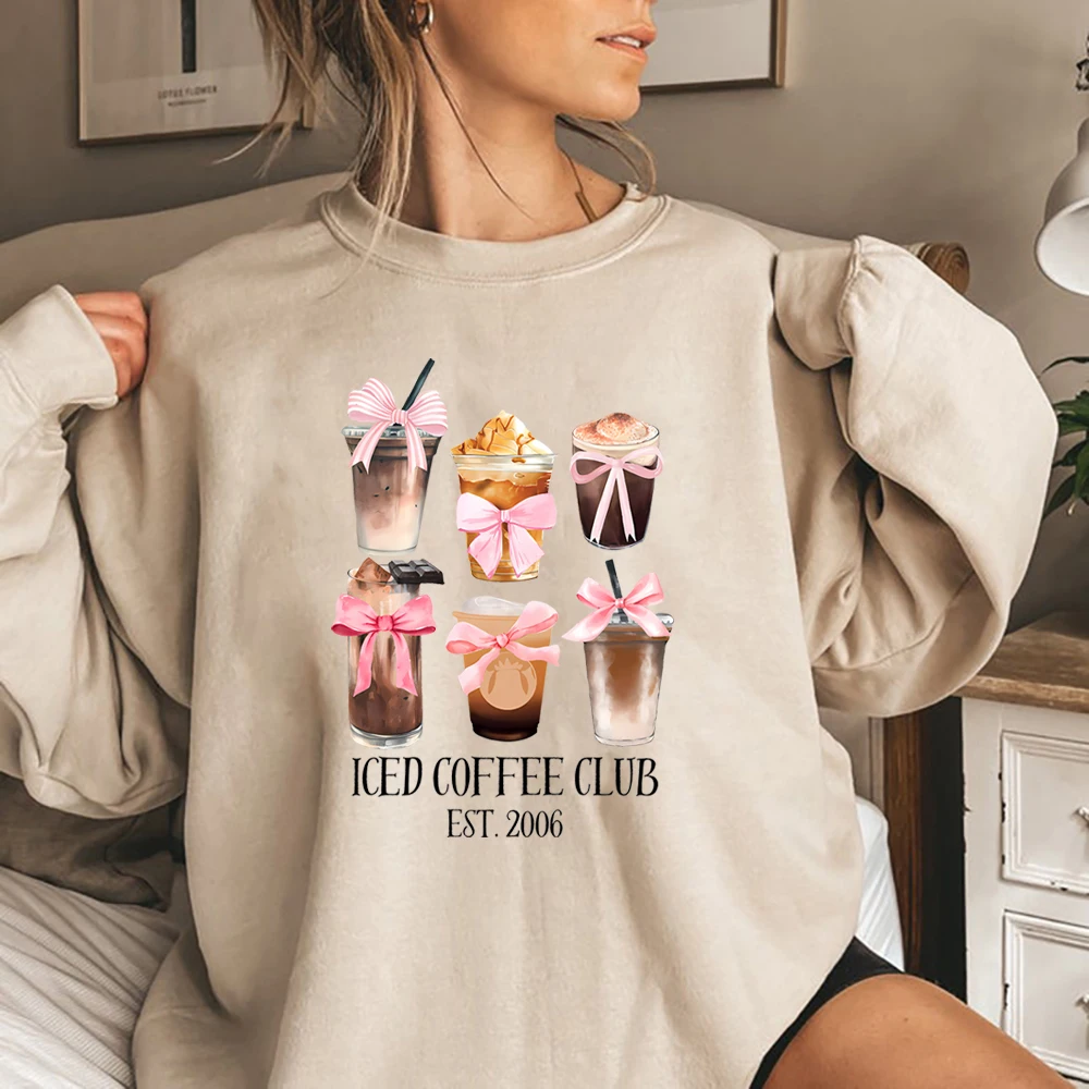 

Iced Coffee Club Sweatshirt Trendy Mom Coffee Hoodie Mom Shirt Coffee Lover Sweater Women Long Sleeves Tops Gift for Her