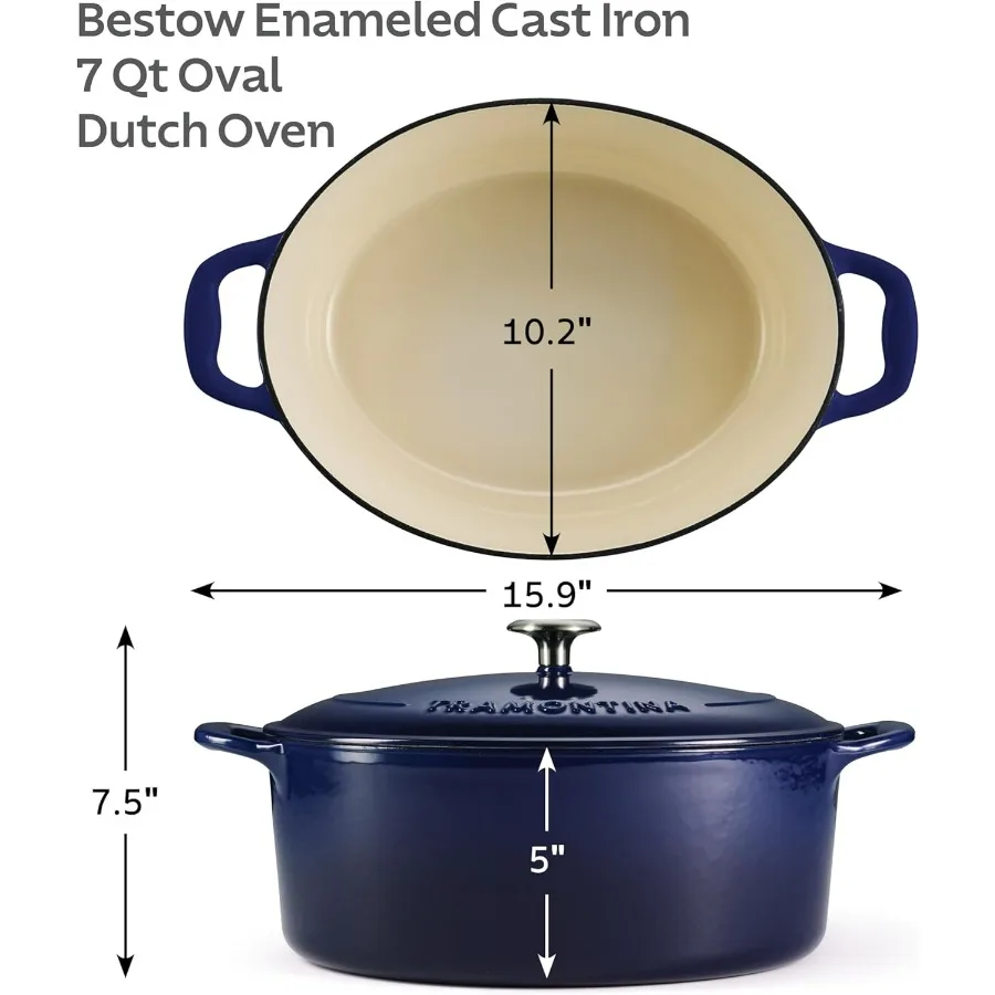 وعاء فرن هولندي بيضاوي من الحديد الزهر المطلي بالمينا من بيستو مع غطاء، كبير 7 كوارت، أزرق #3