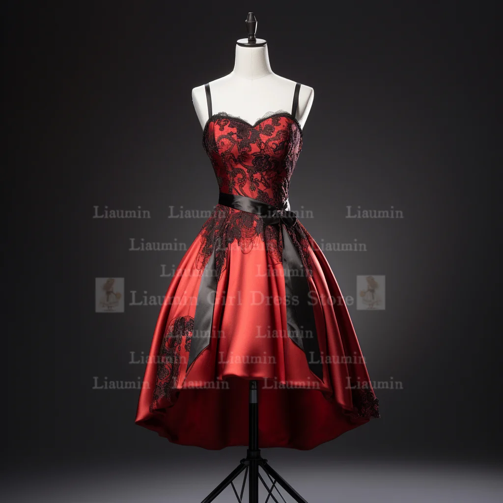 Neue rote Satin und schwarze Spitze Rand Applikation träger lose kurze Länge Schnürung zurück Abendkleid Brithday Homecoming Kleidung W1-23