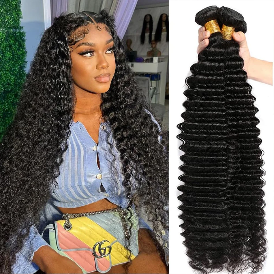 

12A Deep Wave Human Hair Bundles Curly Hair Brazilian Weaving 30 32 Inch Natural Human Hair Remy Loose Deep Wave Hair bundles