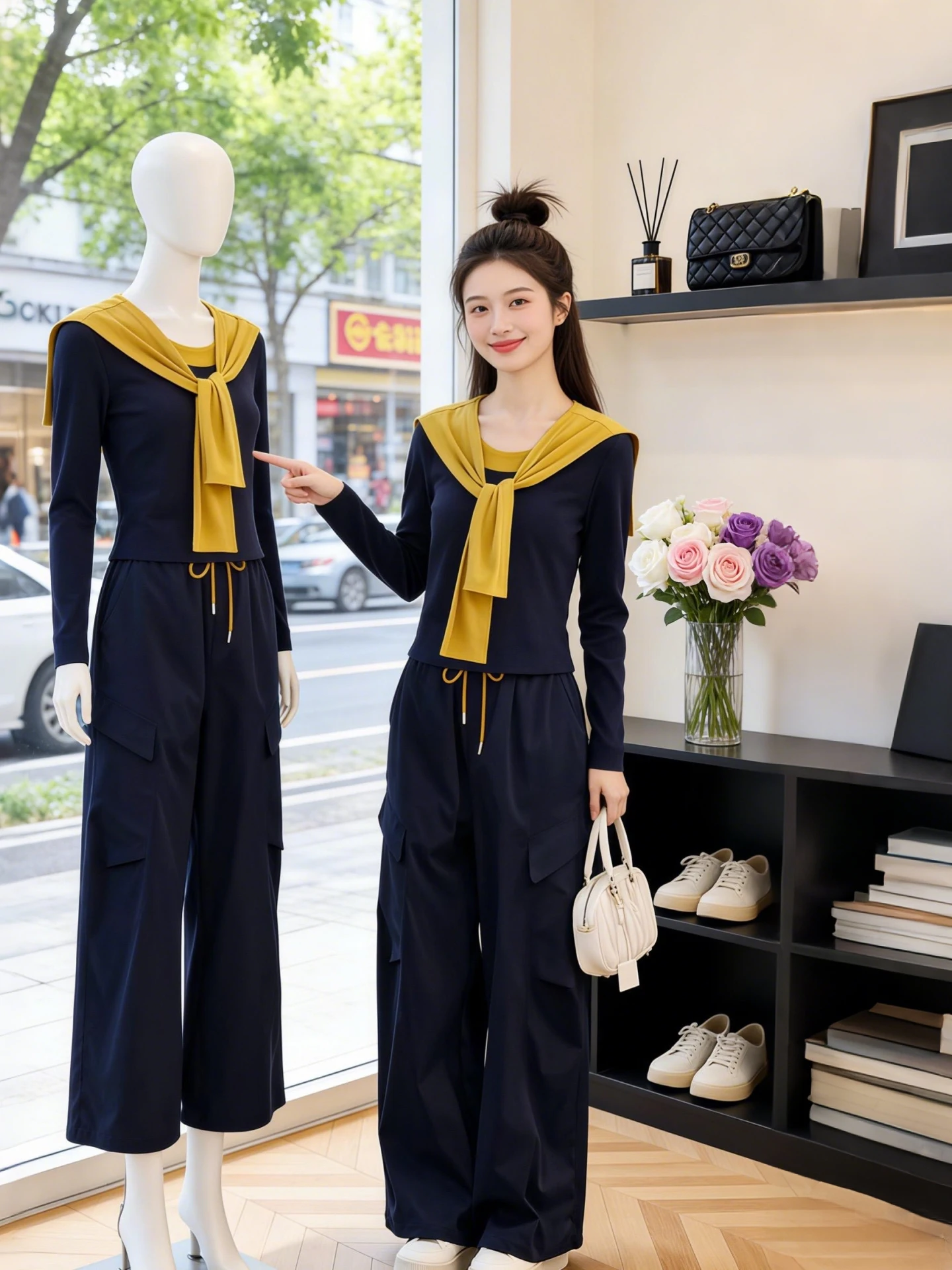 

Early Spring Fashion Korean Style Color Block Long Sleeve Top And Shawl Slimming Waist Design Versatile Two Piece Set for Women