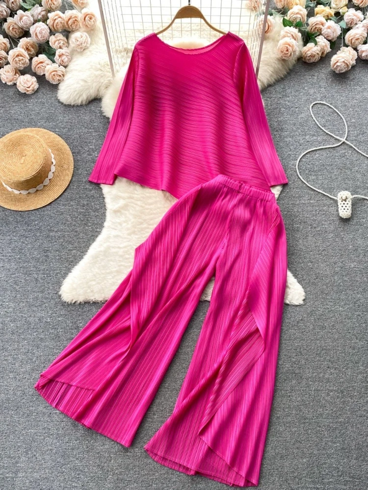 

Light luxury solid color trendy two-piece set women's round neck long sleeved irregular top+versatile design wide leg pants
