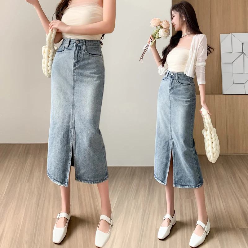 

2023 new women's casual high-waisted split denim skirt women's slim knee-length skirt