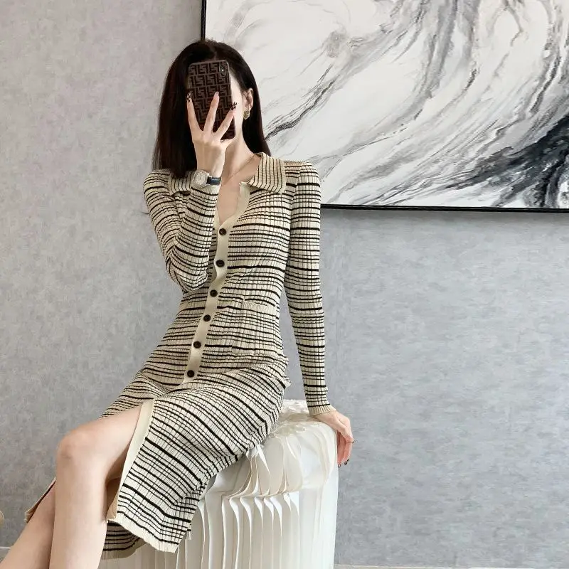 Autumn Winter French Elegant Stretch Slim Knitted Pleated Dress Long Sleeve Single Breasted Thick Warm Sweater Midi Shirts CQ218