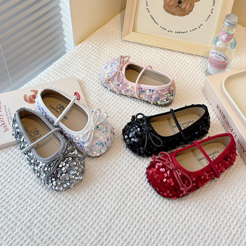 Girls Fashion Sequins Mary Jane Small Leather Shoes Spring Autumn New Soft Sole One Pedal Princess Flats Loafer Breathable 23-33