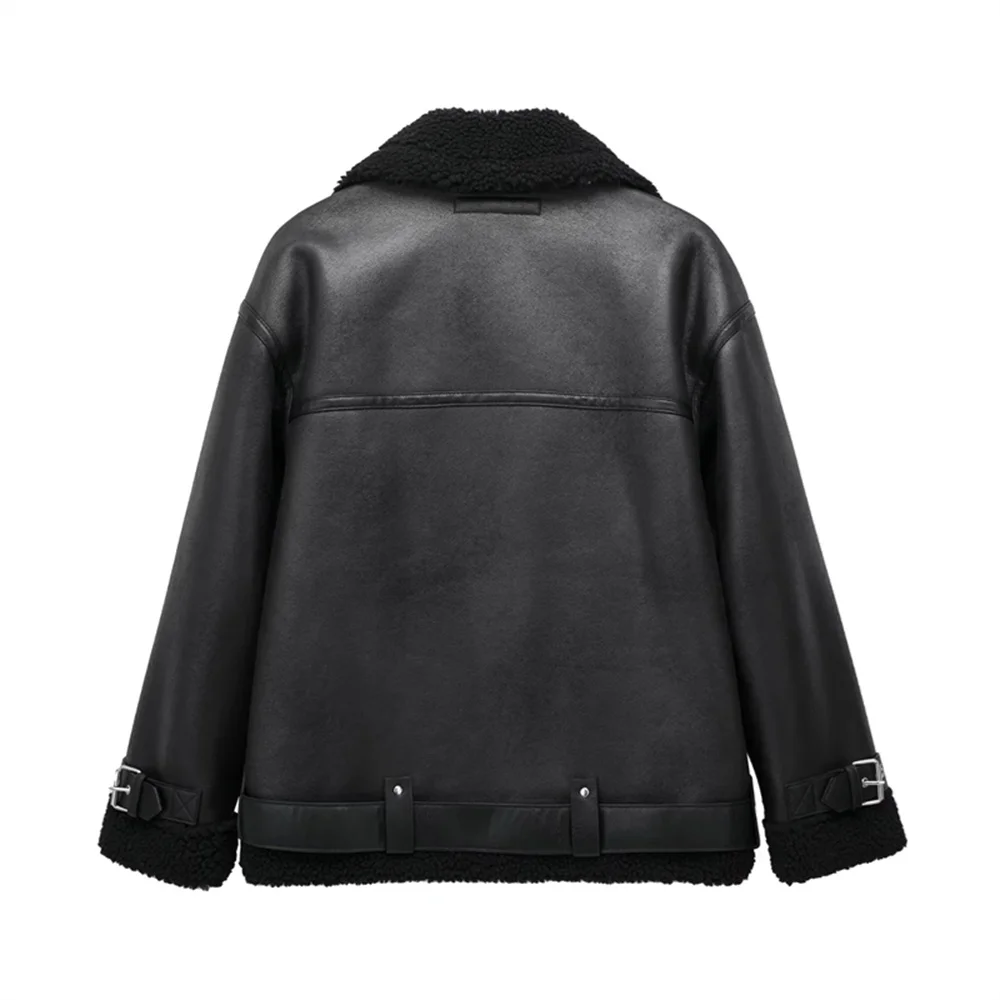 TRAF Autumn new women\'s fashionable fur one-piece thickened warm jacket with belt and double-sided jacket jacket