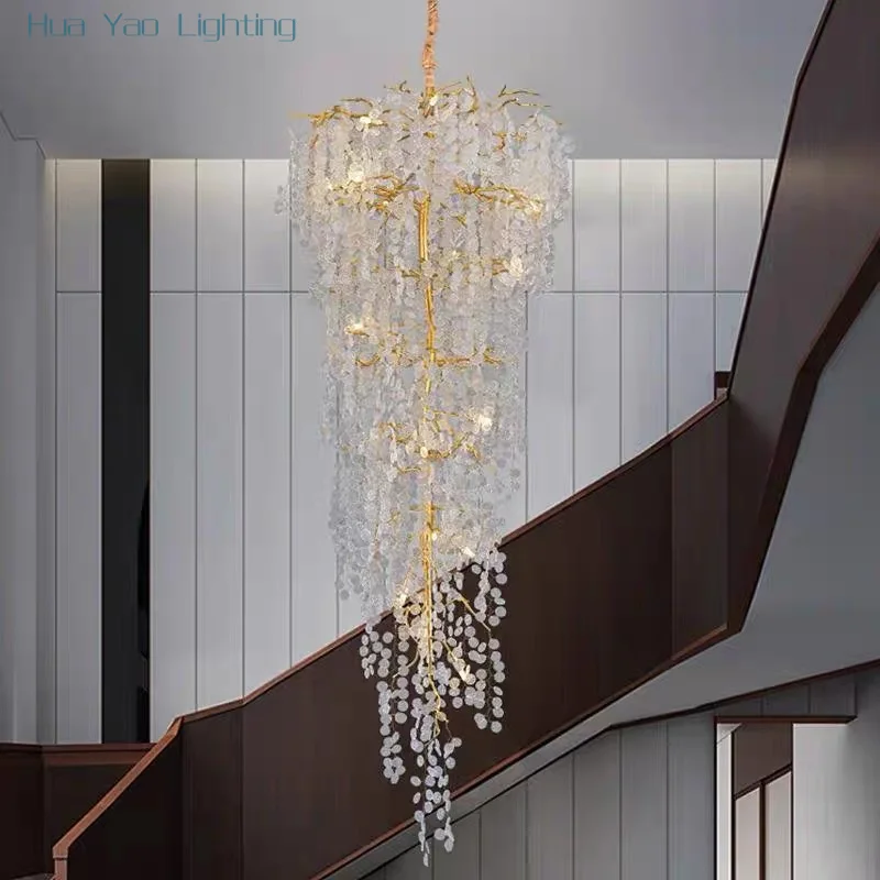 French Style Villa Living Room Large Chandelier Duplex Staircase Rotating Chandelier Light Luxury Modern Crystal Chandelier