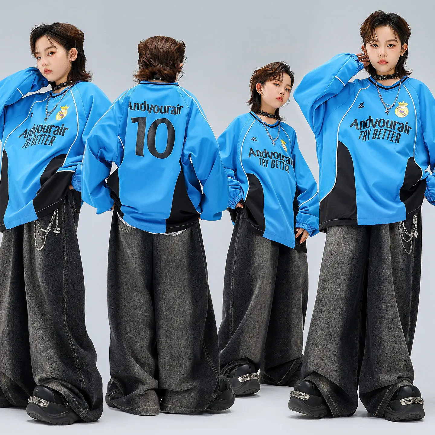 

Детская одежда в стиле K-pop и хип-хоп: синяя толстовка-джерси, черные рваные джинсы для девочек и мальчиков, костюмы для уличных танцев
