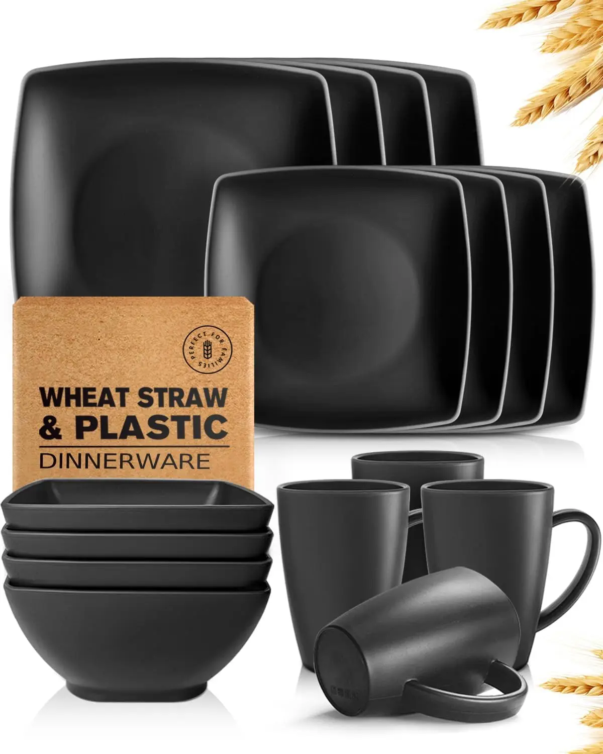 

16-piece Plastic Wheat Straw Square Dinnerware Set for 4, Unbreakable Dinner Plates, Salad Plates, Snack Bowls, Mugs