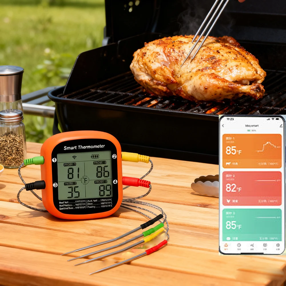 

Wireless Bluetooth Food Thermometer BBQ Barbecue Grill Kitchen Digital Thermometer with 4 Probes for Meat Oven Cooking