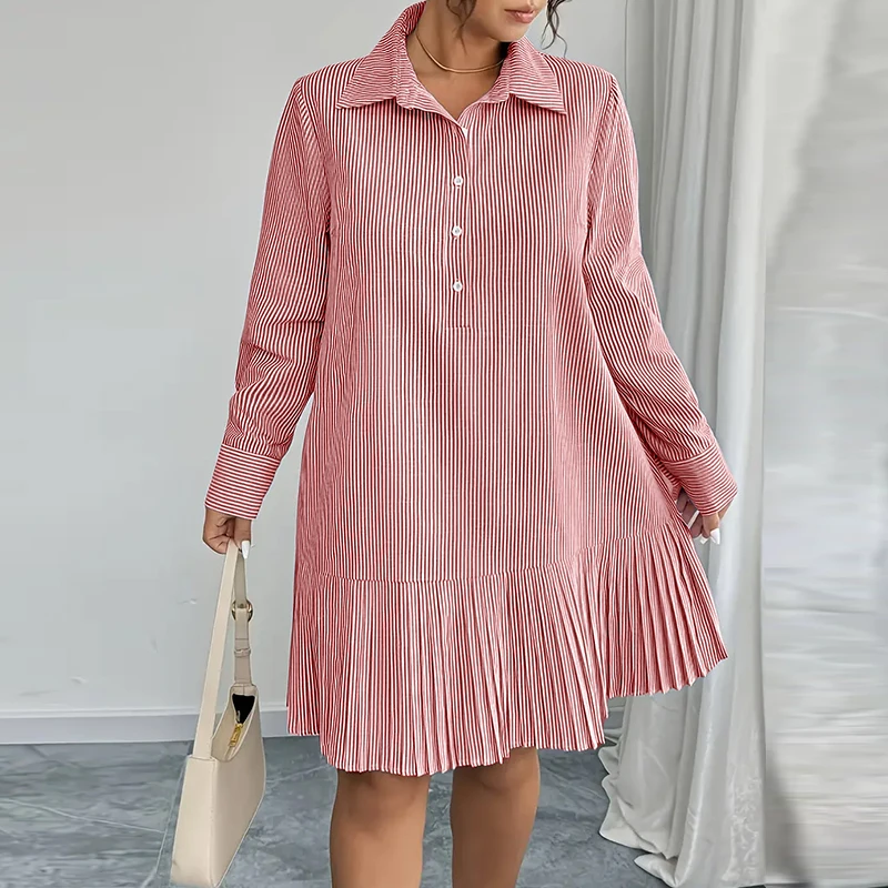 

VONDA размера плюс, Vestidos, женские полосатые мини-платья 2026, модный принт с длинным рукавом, элегантный вечерний халат с рюшами и лацканами, 5XL