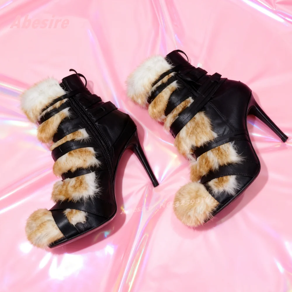 

Fur Splicing Strappy Ankle Boots Round Toe Stiletto Heels Side Zipper Women's Boots Fluffy Patchwork Runway Shoes 2026 New