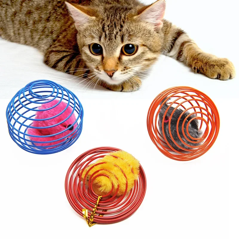 Cat Toy Spring Cage Mouse Plush Solid Color Mouse Kitty Toy Self Relaxing Pet Plush Toy