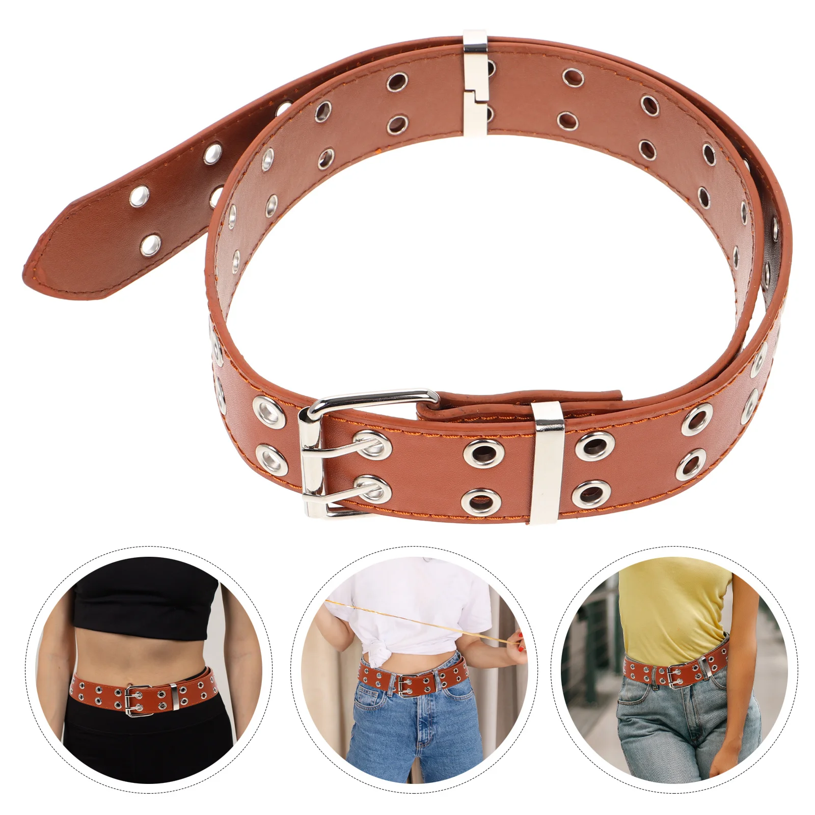 

Womens Double Grommet Belt Punk Vintage Waist Chain Wide PU Adjustable Brown Studded Belt for Jeans Grommet Belts