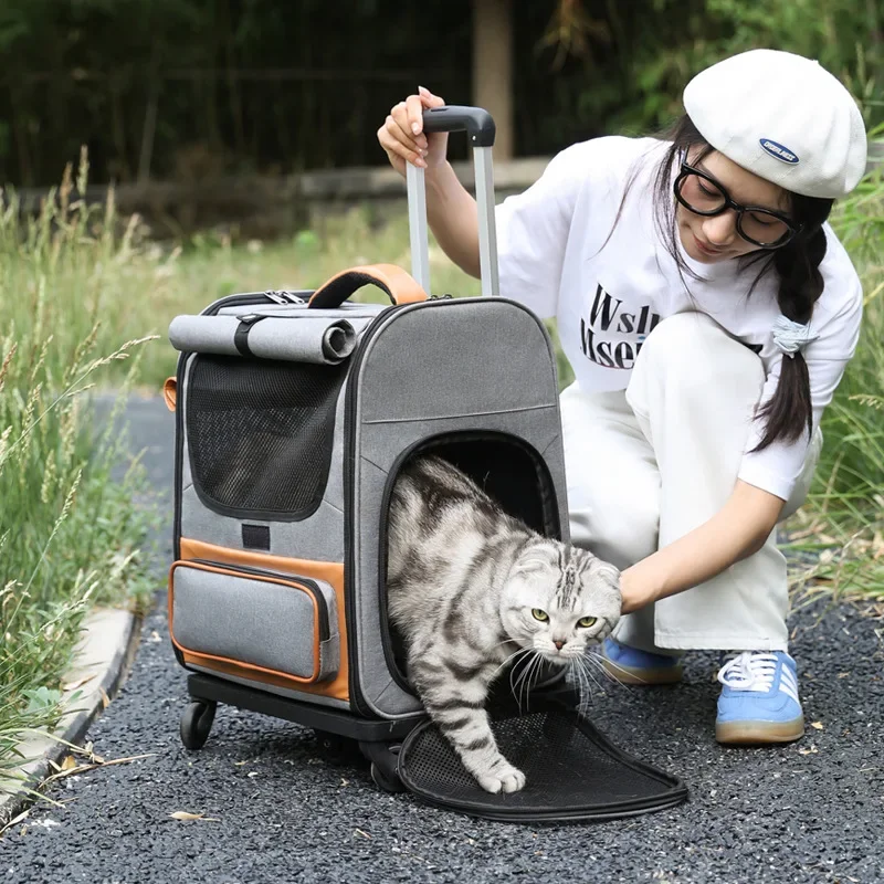 Pet Trolley Box Breathable Foldable Cat Bag Large Capacity Travel Portable Wheel Trolley Bag Pet Carriers Products Accessories