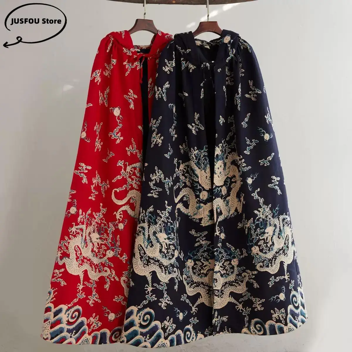 Plus Velvet Men&women Cotton Linen Chinese Style Cloak Windbreaker Print Dragon Robe Gown Retro Button Casual Coat Harajuku