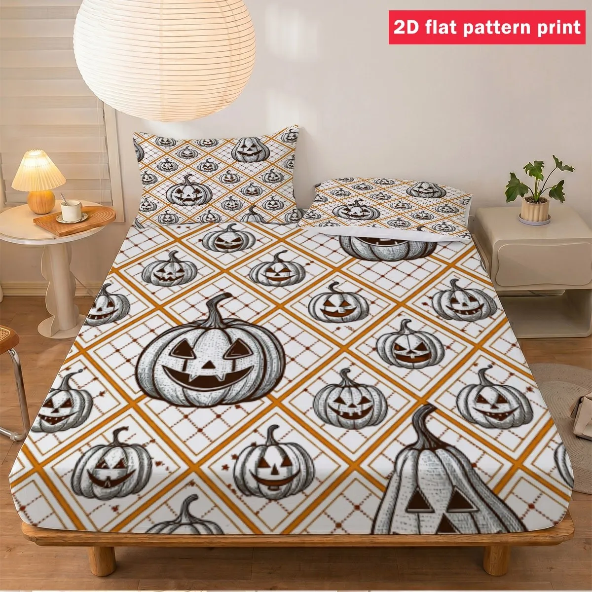 Halloween Pumpkin Lantern 2D Digital Print Three-Piece Bedding Set (Includes 1 Fitted Sheet + 2 Pillowcases) Mattress Protector Fitted Elastic Style Protective Cover Halloween Holiday Decoration Various Sizes Breathable Protective Cover Plus Pillowcase