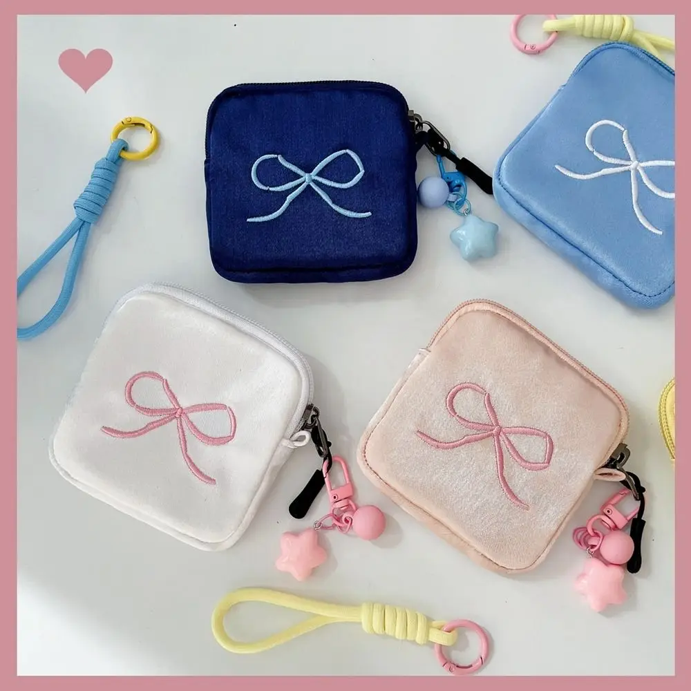 

Portable Bow Coin Purse with Pendant Bowknot Cute Zero Wallet Zipper Pouch Lightweight Sanitary Napkin Storage Bag Student