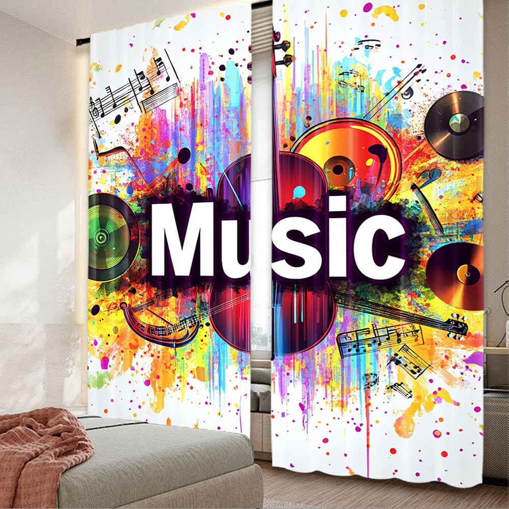 

2Pcs Music Curtain Musical Instrument Graffiti Curtain Music Party Popularity Curtain Suitable For Living Room Bedroom