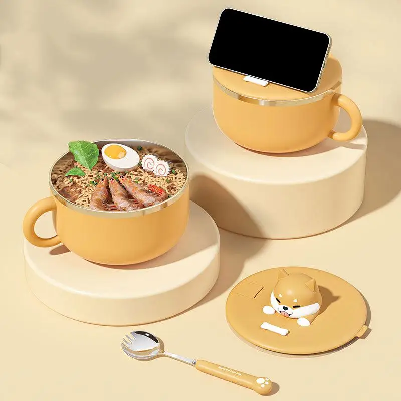 Cartoon Cute Dog Instant Noodle Bowl Stainless Steel With Lid Large Fruit Salad Bowl Student Dormitory Portable Lunch Box 1000M