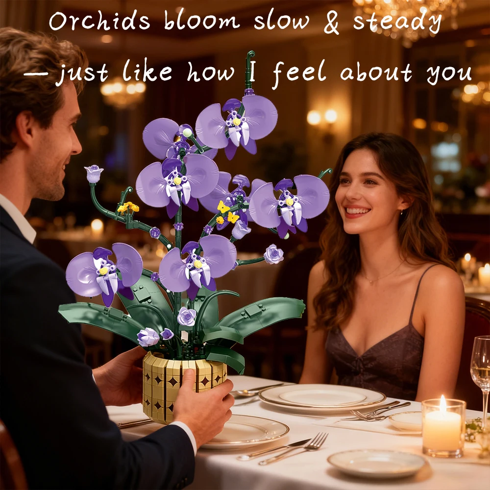 영원한 난초 블록 발렌타인데이 DIY 벽돌 꽃병과 상자가 있는 꽃 장식 어린이 및 성인용 MOC 로맨틱 장식품 최고의 선물