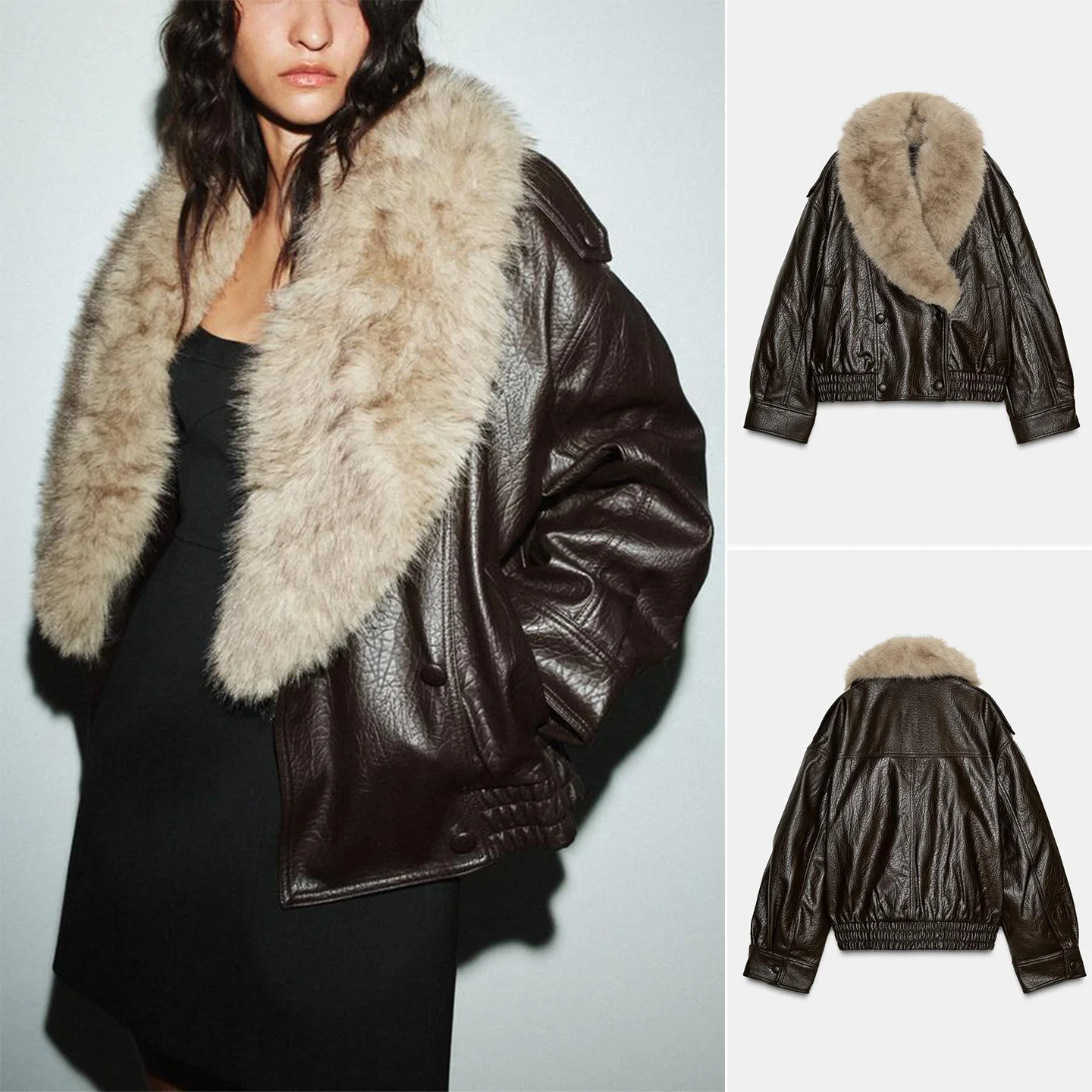 Faionable Casual Motorcycle Sle PU Leather Jaet Women's Coat Detachable Fur Collar Autumn Winter New Arrival 434853