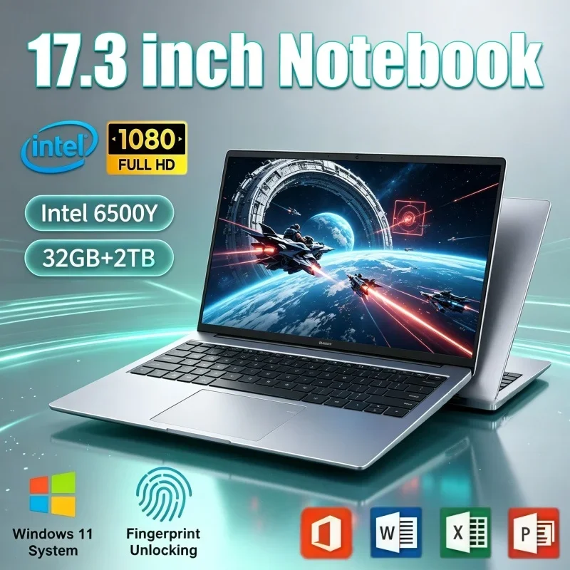 17.3 Inch Large Display Notebook Intel 6500Y Windows 11 32GB RAM 2TB SSD Fingerprint Unlock For Home Office & Web Browsing