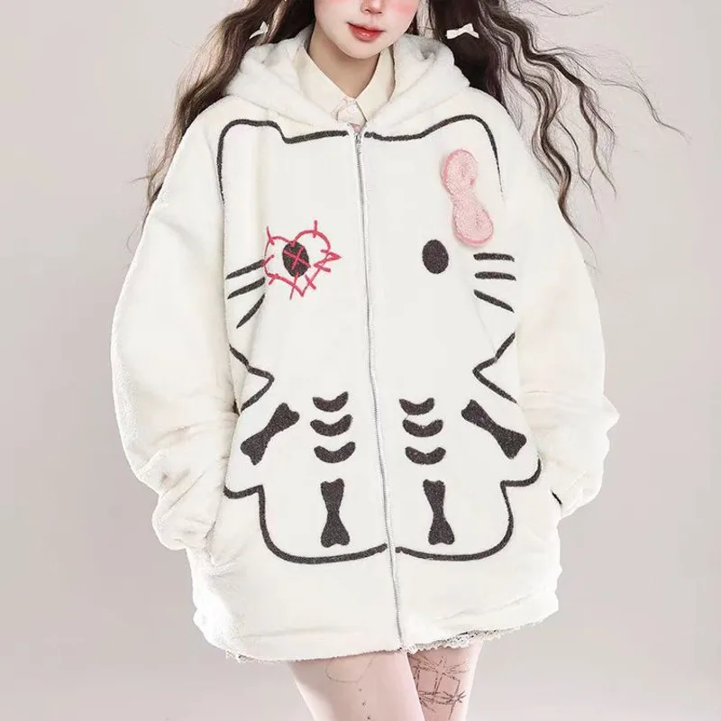 Sanrio Hello Kitty Cute Cartoon Lambhair Coat Women's Winter Japanese Style Harajuku Plush Coat Loose Thick Hooded Cotton Jacket