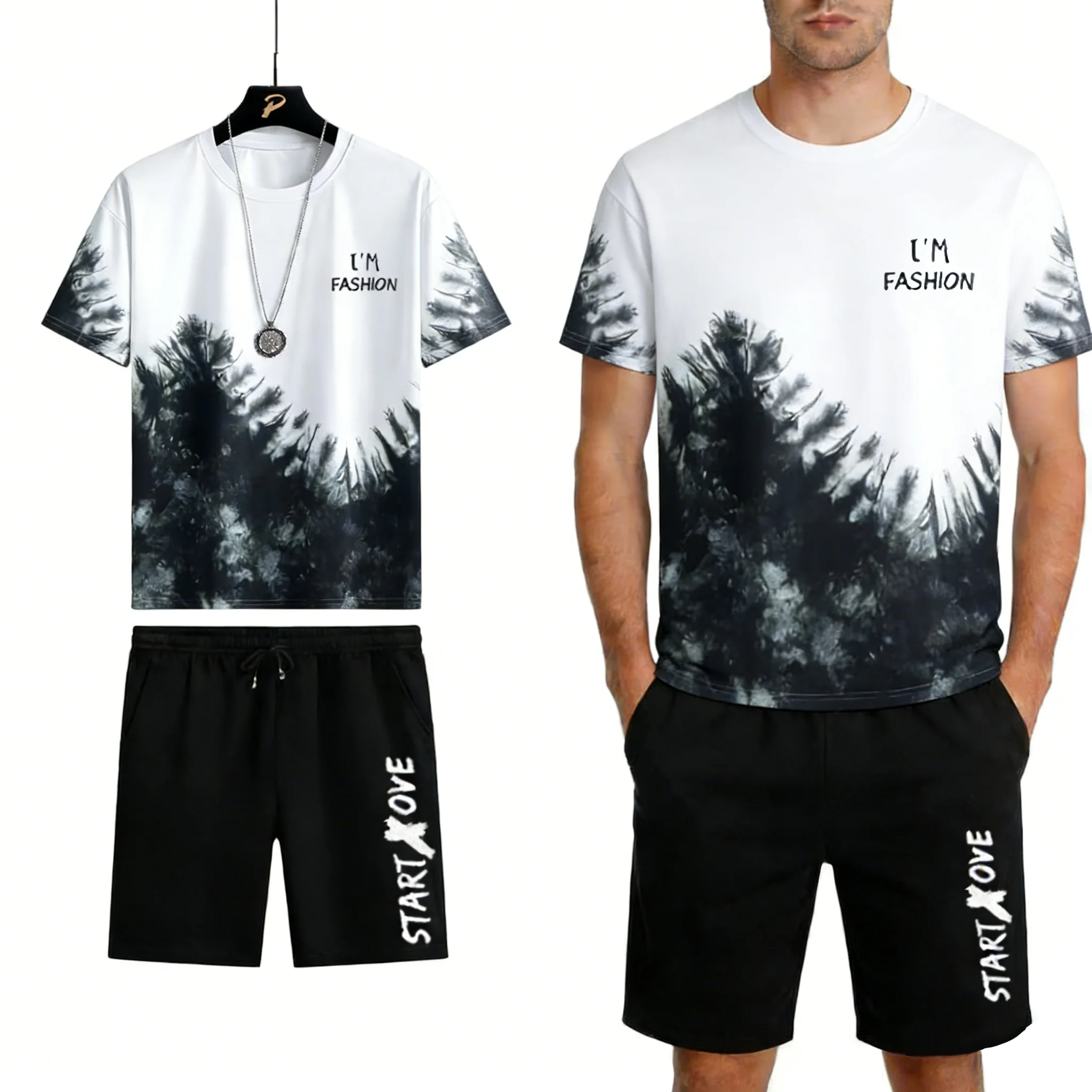 

Мужской летний спортивный костюм из 2 предметов: быстросохнущая дышащая футболка с коротким рукавом и принтом + шорты, комплект из 2 предметов