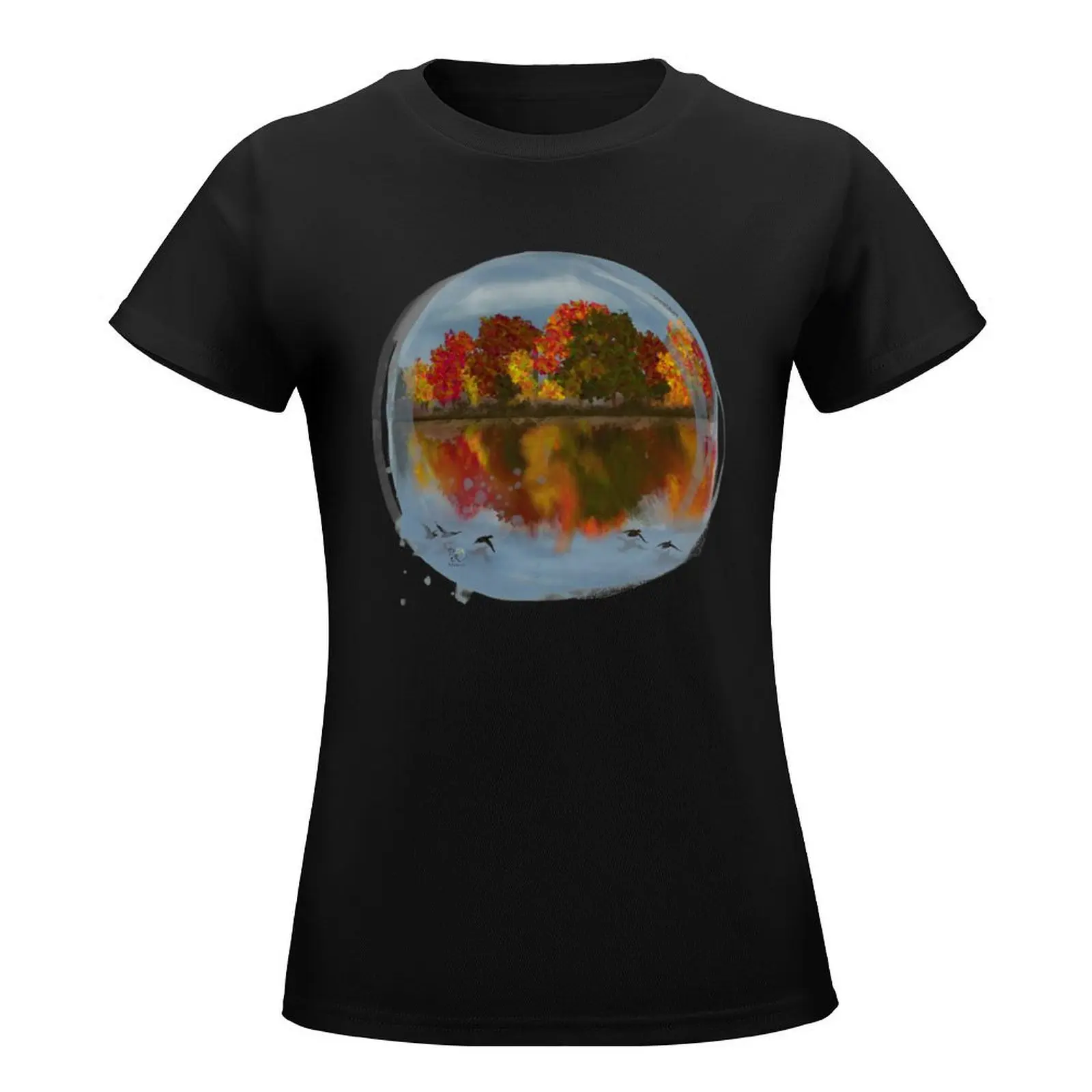 Autumn Days - Watching The Ducks Fly Over The Water - Original Art Painting T-Shirt hippie clothes tops Women clothing