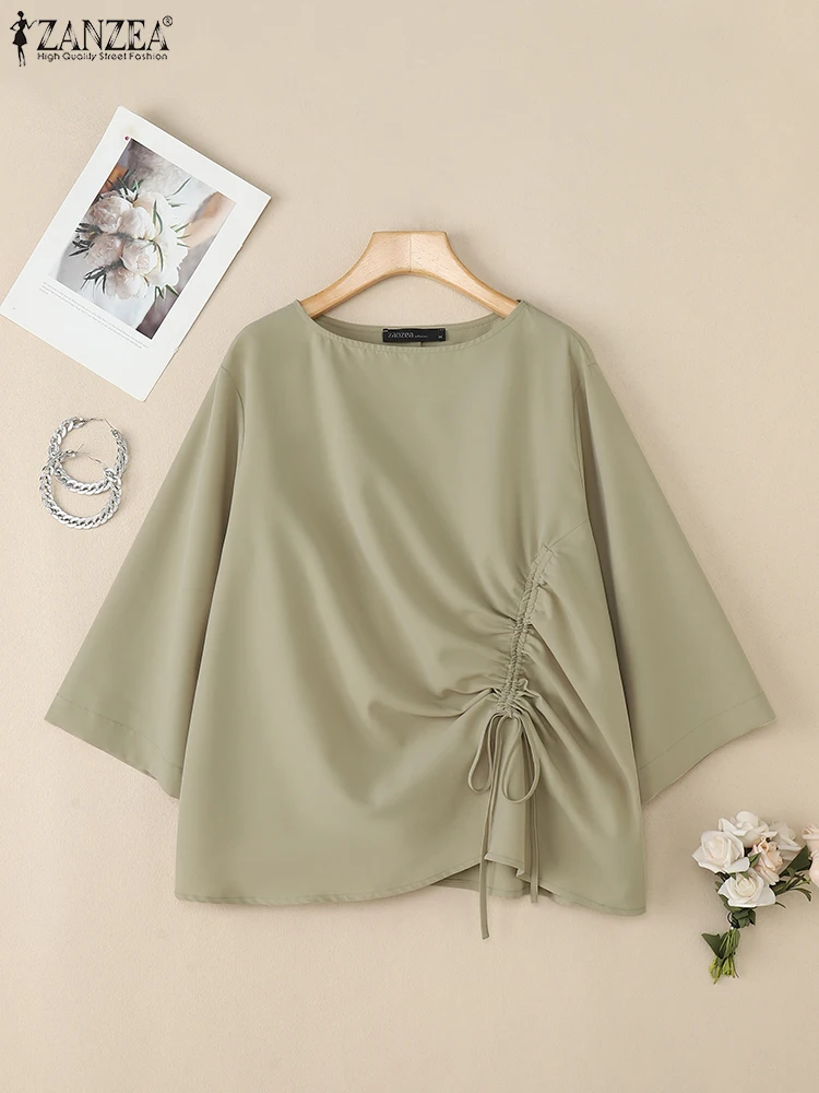 

ZANZEA 2023, осенние блузки большого размера, женские блузки с круглым вырезом и рукавами 3/4, рюшами и рюшами, Blusas Mujer, шикарные модные однотонные топы, уличная одежда