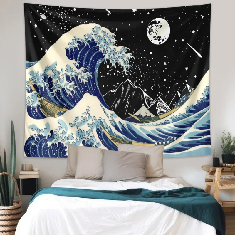 VIKAMA Kanagawa Suruga-Ichi Tapestry Ukiyo-e Japanese Wave Wall Hanging Cloth Bedroom Dormitory Tapestry Home Decoration