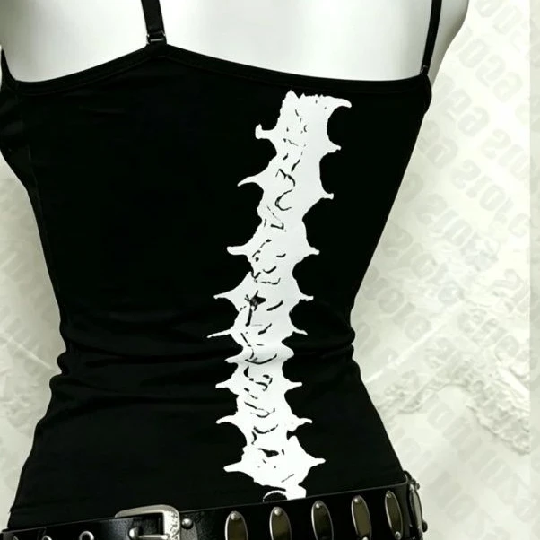 Y2K Gothic Alt Ärmelloses Crop Top Vintage Grunge Skelett Vorder- und Rückseite Grafik Slim Damen Skelett Rippenkorb Wirbelsäule Cami Tank Tops – Detail 6